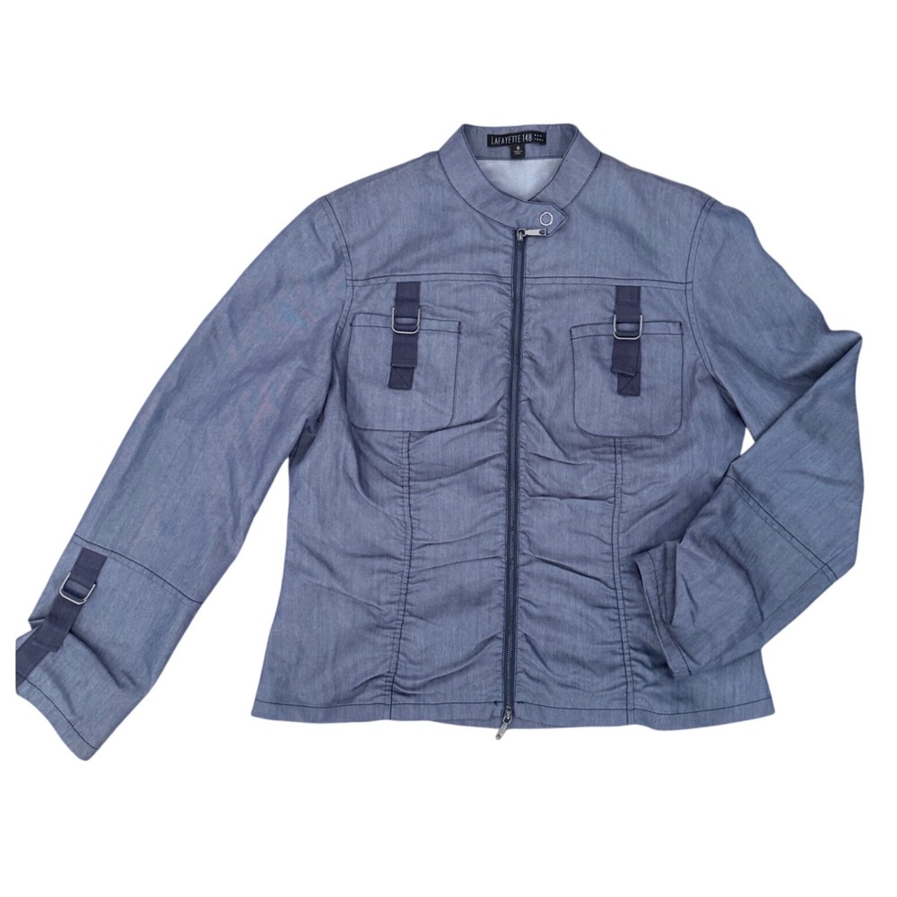 Lafayette 148 New York Blue Tencel Utility Jacket Mock Neck D-Ring Size 10